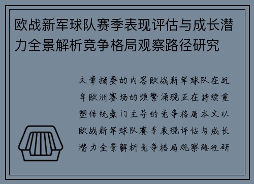 欧战新军球队赛季表现评估与成长潜力全景解析竞争格局观察路径研究