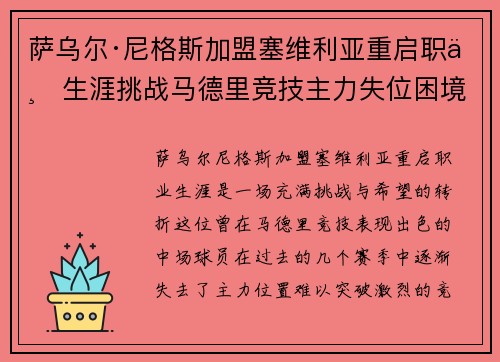 萨乌尔·尼格斯加盟塞维利亚重启职业生涯挑战马德里竞技主力失位困境 萨乌尔·尼格斯加盟塞维利亚重启职业生涯挑战马德里竞技主力失位困境