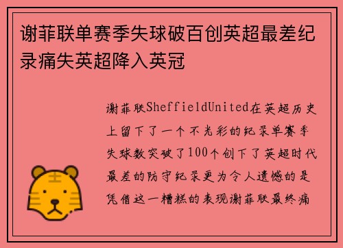 谢菲联单赛季失球破百创英超最差纪录痛失英超降入英冠 谢菲联单赛季失球破百创英超最差纪录痛失英超降入英冠
