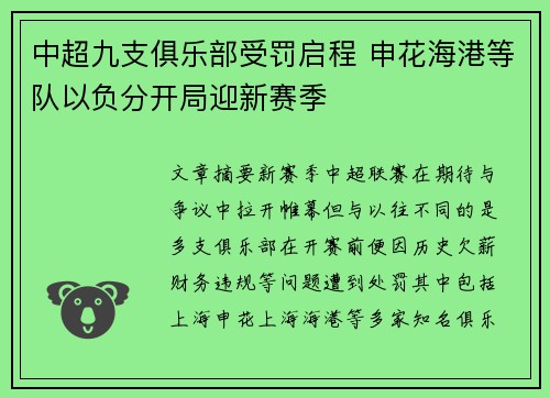 中超九支俱乐部受罚启程 申花海港等队以负分开局迎新赛季